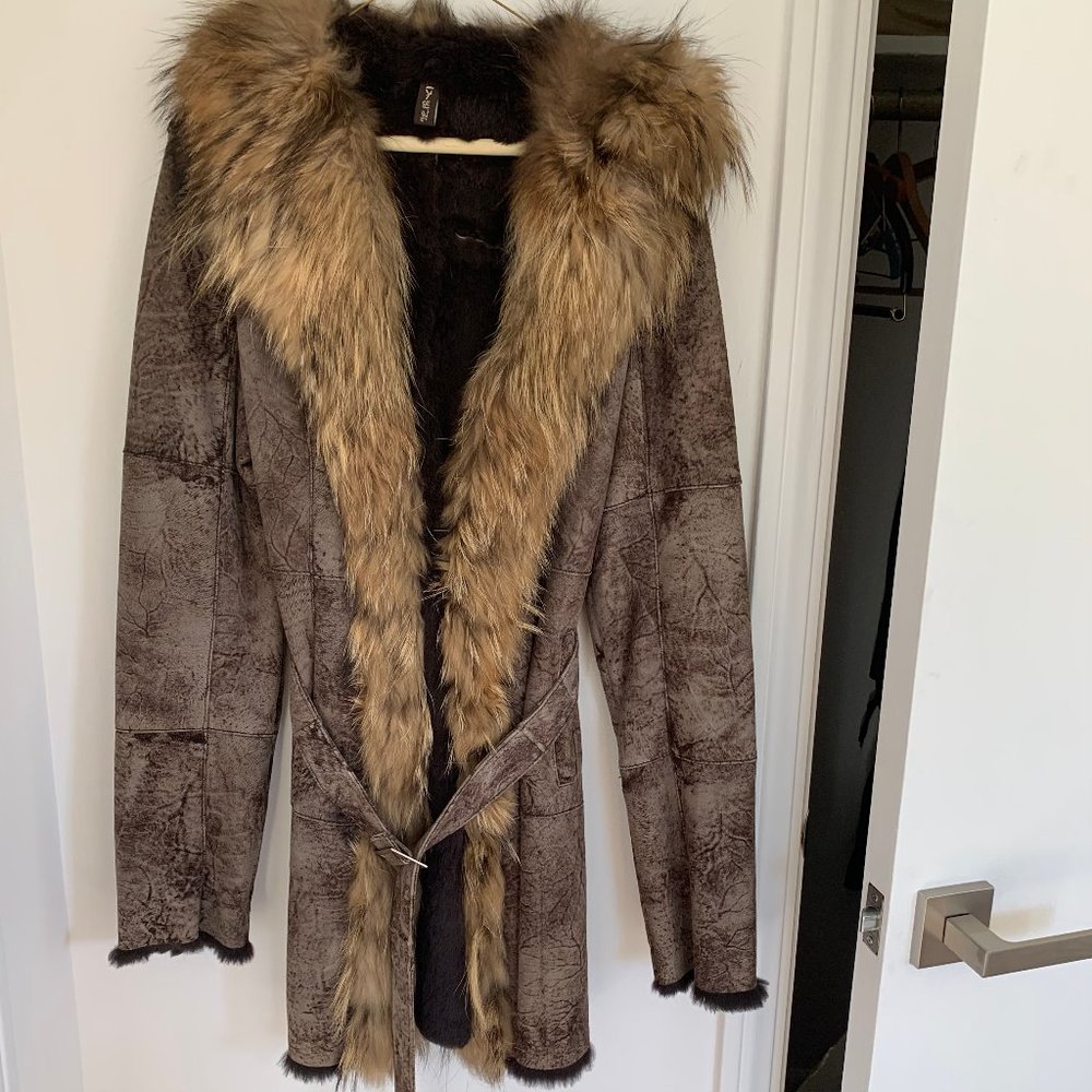 Suede and fur-collared and lined coat